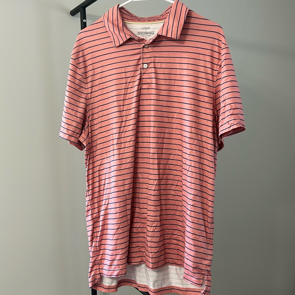 J. Crew Men’s Performance polo. Salmon color w/ blue stripes.